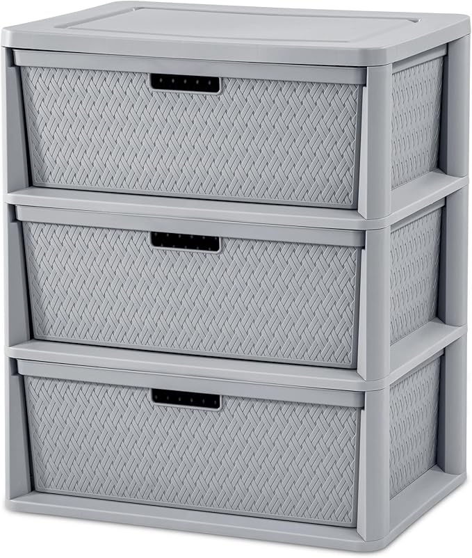 Gray Storage Drawer, 3 Drawer Plastic Weave Wide Tower with Pull Handles
