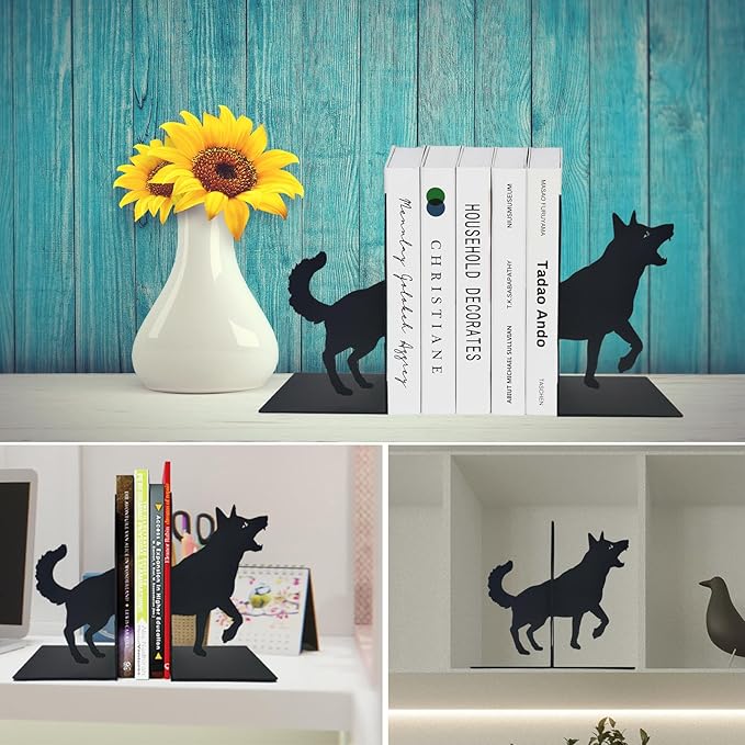 ENCIMART Wolf Book Ends Decorative for Shelves, Black Metal Bookend Supports for Heavy Books, Book Stoppers for Home Office Desktop Organizer for Men and Book Lovers Gift