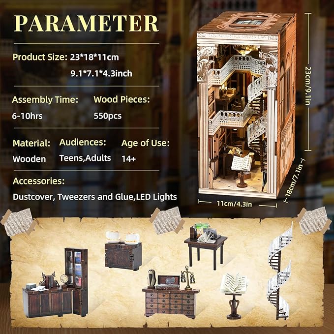 MiniCity DIY Book Nook Kit, Miniature Dollhouse Booknook Kit, 3D Wooden Puzzle Bookend Bookshelf Insert Decor with LED Light for Teens and Adults (Law Library)