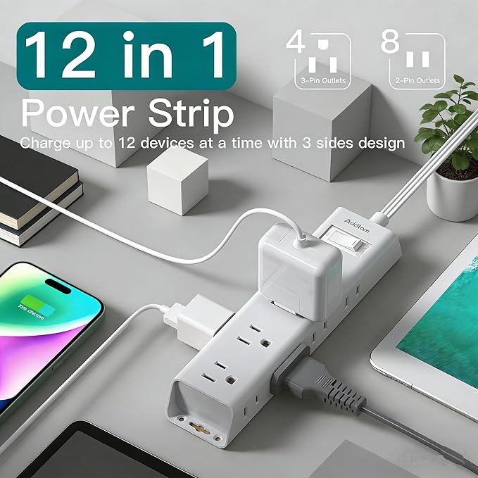 Addtam Power Strip Surge Protector with 12 Outlets, Flat Plug Extension Cord 3FT, Ultra Thin Wall Plug, 3-Side Wide Spaced Outlet Extender, Wall Mount Desk Charging Station for Home Office Dorm, White