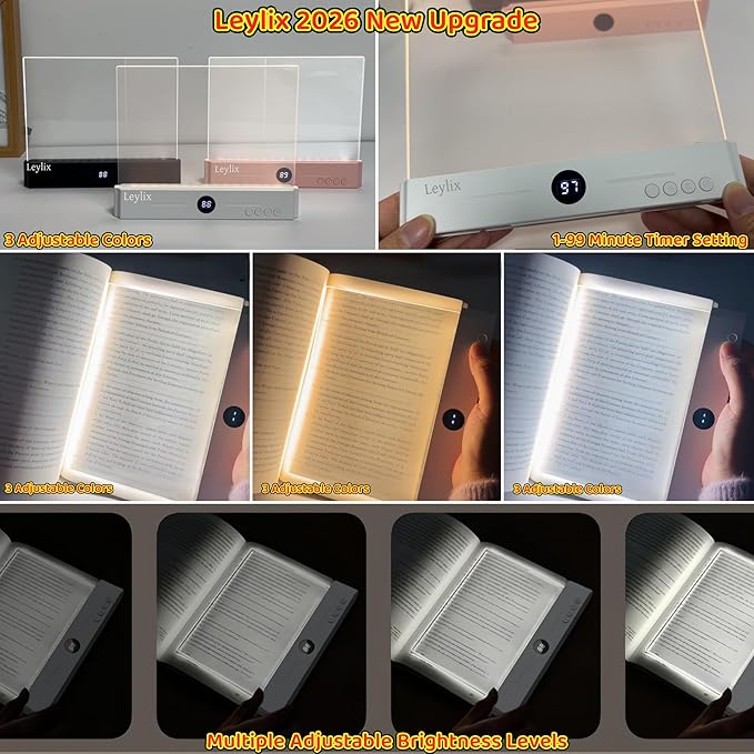 LED Flat Book Light for Reading in Bed, Eye-Caring Books Lights, 3 Color Temperatures & Stepless Dimmable, Portable Flat Panel Lamp Page, USB Rechargeable Night Light for Kids & Adults (Black)