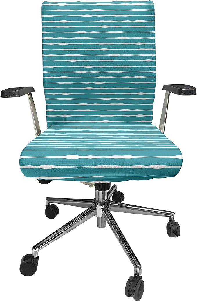 Ambesonne Teal Stripe Office Chair Cover, Horizontal Wavy Lines in Monochrome Design Hand Drawn Like Design Pattern, Stretchable Decorative Universal Size High Back Printed Slipcover, Teal White