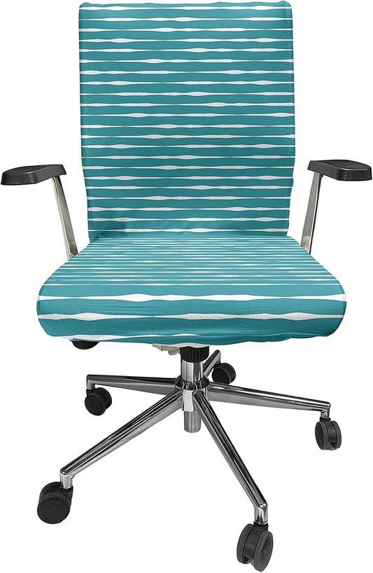 Ambesonne Teal Stripe Office Chair Cover, Horizontal Wavy Lines in Monochrome Design Hand Drawn Like Design Pattern, Stretchable Decorative Universal Size High Back Printed Slipcover, Teal White