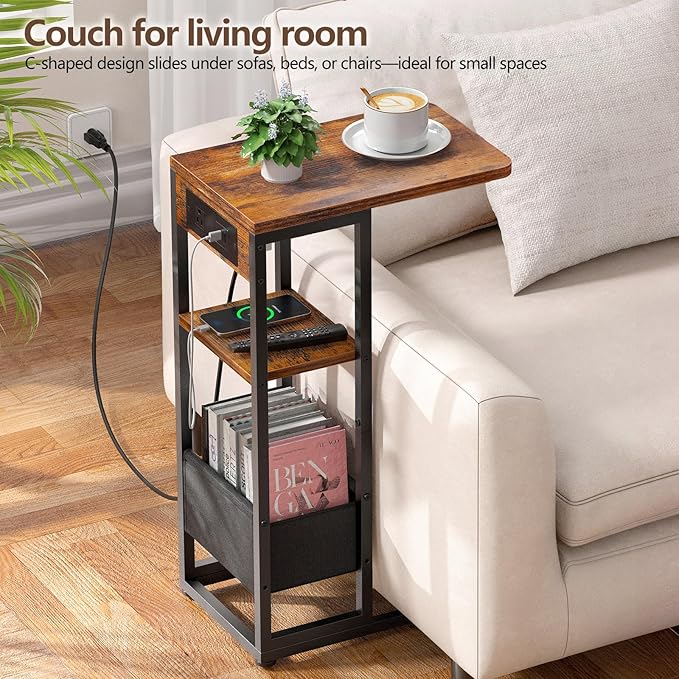 C Shaped End Table with Charging Station,3-Layer Sofa C Table Side Table, Slide Under Sofa Desk Snack Tables with Storage Bag w/AC U-S-B Port & Socket,Small Spaces Drink Tables for Living Room