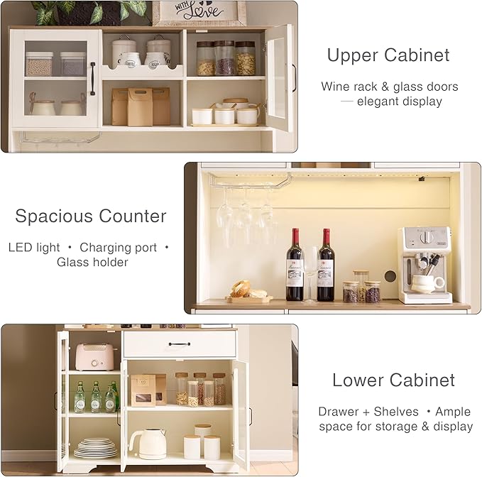 Fatmok 71" Pantry Cabinet with Wine Rack and Charging Station, Set of 2 Tall Coffee Bar Cabinets with LED Lights, Drawer, Adjustable Shelves, Kitchen Hutch Storage,Off-White