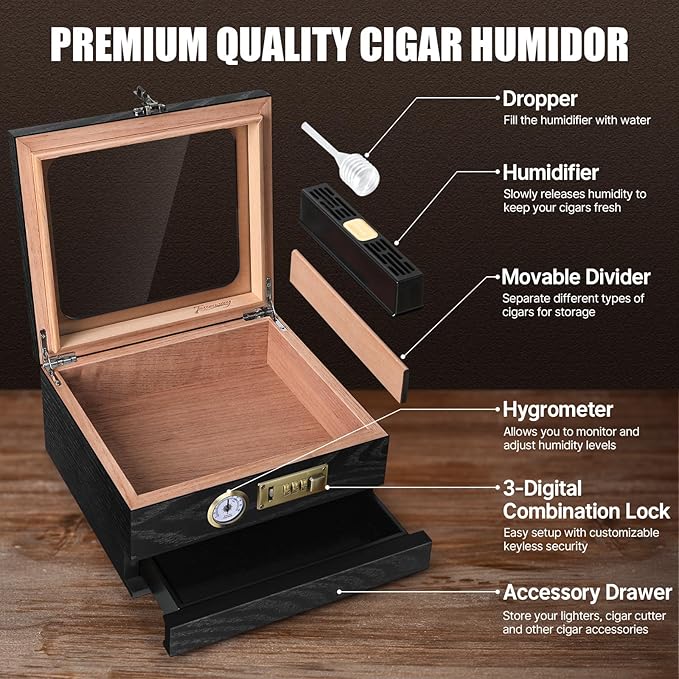 Tesonway Cigar Humidor, Cedar Wood Humidor Cigar Box, Glass Top Desktop Humidor with Front Hygrometer, Humidifier, Divider, Accessories Drawer and Combination Lock, Cigar Gifts for Men (Black)