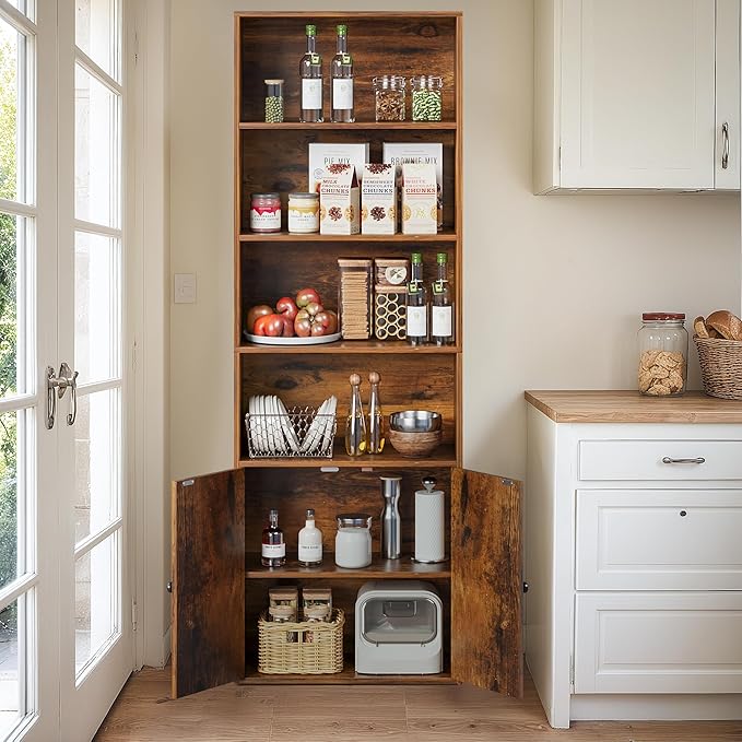 Furniwell Industrial Bookshelf and Bookcases with Doors Modern Bookshelf Cabinet Tall Book Shelves Storage for Home Office, Bedroom (Rustic Brown)