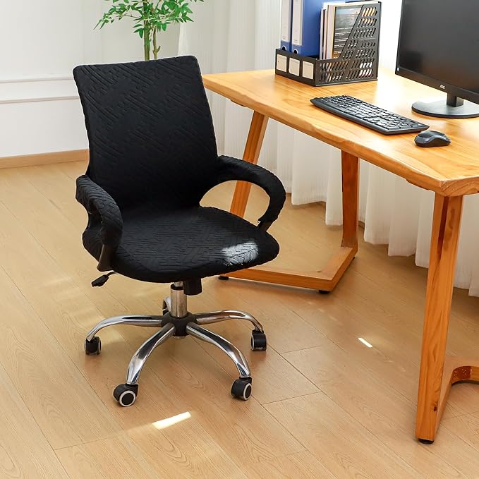 Black Office Chair Cover with Armrest Cover 18Inch Wide Stretch Jacquard Small Desk Computer Chair Covers with Long Zipper Arm Slipcovers Washable