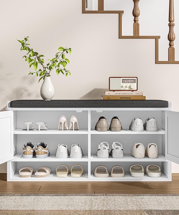 Farmhouse Shoe Storage Bench with Cushion, Entryway Bench with Adjustable Shelves and Open Bottom Shelf, Hidden Shoe Cabinet Storage for Entryway, Hallway, Living Room, Bedroom, White