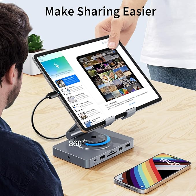 360° Rotating USB C Docking Station for iPad Pro, Tablet, Samsung, Steam Deck, ROG Ally, Legion Go, Msi Claw, etc, 11-in-1 with SD TF 4.0 Reader, 4K@60Hz HDMI, RJ45, Audio, USB A, USB C