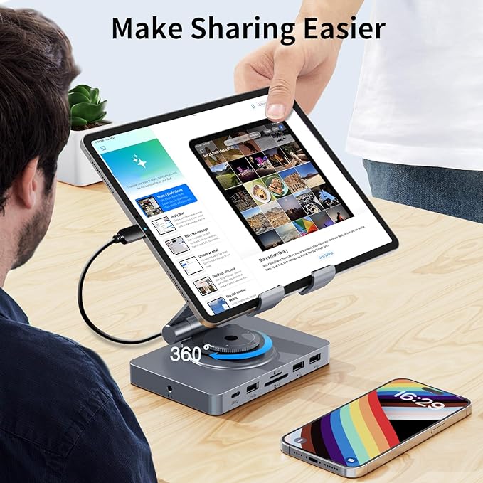 Versatile USB C Docking Station for iPad (USB-C), 11-in-1 with SD TF 4.0 Reader, 4K@60Hz HDMI, RJ45, Audio, USB A, USB c, Rotatable, Also for Tablet, Steam Deck, ROG Ally, Legion Go, with 65W Adapter