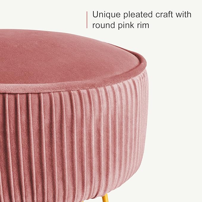 LUE BONA Velvet Vanity Stool for Makeup Room, Modern Ottoman Footrest with Metal Legs, Pink