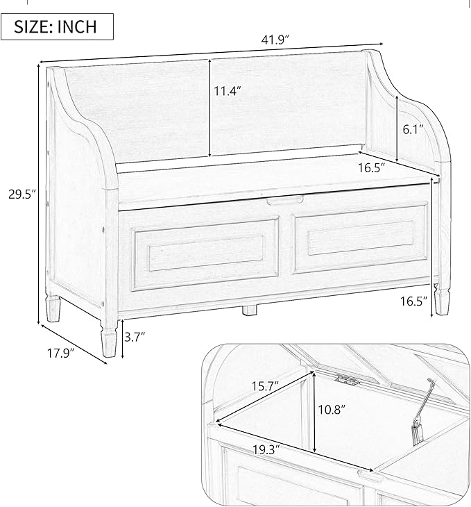SOFTSEA 41.9" Storage Bench with Back, Entryway Shoe Bench with Cushion & Lift Top Storage, Rustic Shoe Storage Cabinet with Cushioned Seat for Entryway, Bedroom, Living Room (White)