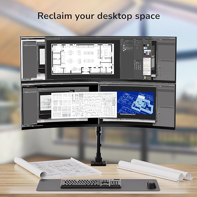 Mount-It! Dual Ultrawide Monitor Desk Mount for 17–49” Screens, Height-Adjustable Stacking Arms with Pole, Heavy Duty Gas Spring, Full Motion, VESA 75/100, Clamp or Grommet
