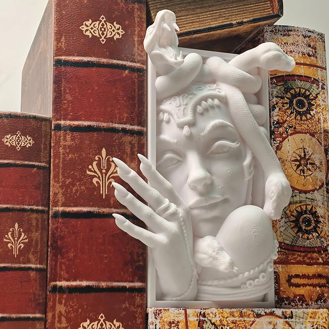 Medusa 3D Printed Book Shelf Decor, Mythical Ornament Figurine Statue for Home Office, Lightweight Art Collectible Gift for Friend (White Medusa)