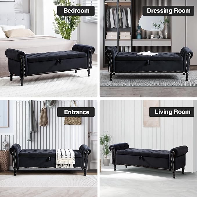 67'' Storage Bench for Bedroom End of Bed, Storage Bench for King Size Bed, Upholstered Tufted Storage Ottoman Benches with Arms for Living Room Entryway,Velvet Black