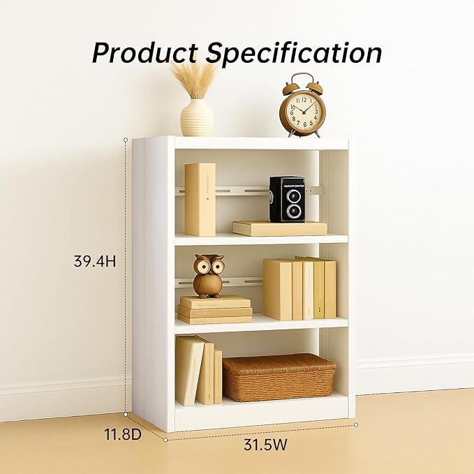3-Tier Bookshelf with Adjustable Shelf, Metal Bookcase with Anti-Tip Kit & Book Stopper, 39.4" H Inch Small Bookcase for Living Room, Office, Small Spaces (White(3-Tier Bookshelf))