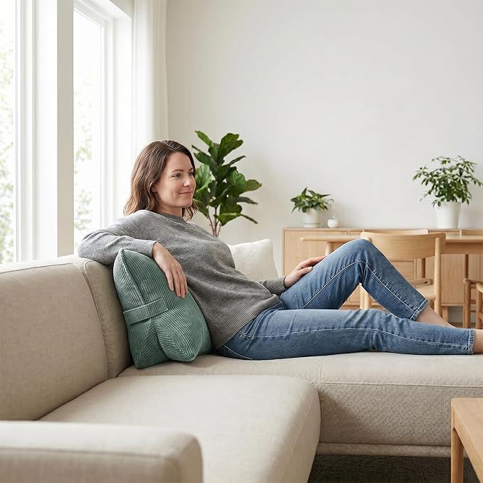 Pat. Pend. Corduroy Lumbar Support Back Pillow for Sitting and Posture Support, Triangle Cushion for Bed or Sofa Sitting, Backrest Support Pillow, Peacock Blue