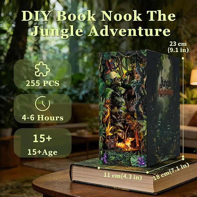 fifijoy Jungle Adventure Book Nook Kit - DIY Miniature Dollhouse Booknook for Adults, 3D Wooden Puzzle Bookend Bookshelf Decor with LED Light and Sound Effects, Creative Gift for Family, Friends