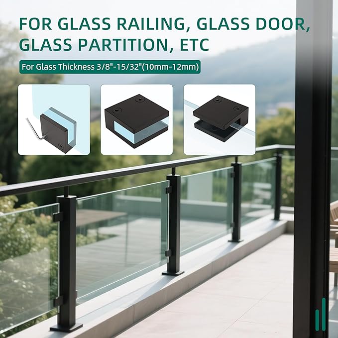 Black Glass Railing Clamp Adjustable Flat Shelf Bracket, for Thickness 3/8"-15/32"(10mm-12mm), 304 Stainless Steel Heavy Duty Square 55 * 55mm Glass Railing Balustrade Post Clamps (8 Pack)