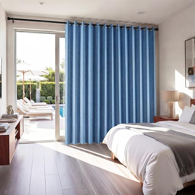 RYB HOME Accordion Style Room Divider Curtain-100% Blackout Folding Accordion Curtain for Sliding Glass Door/Bedroom, Privacy Assurd Living Room/Office Drape 1 Panel with Tieback, W100 x L96, Blue