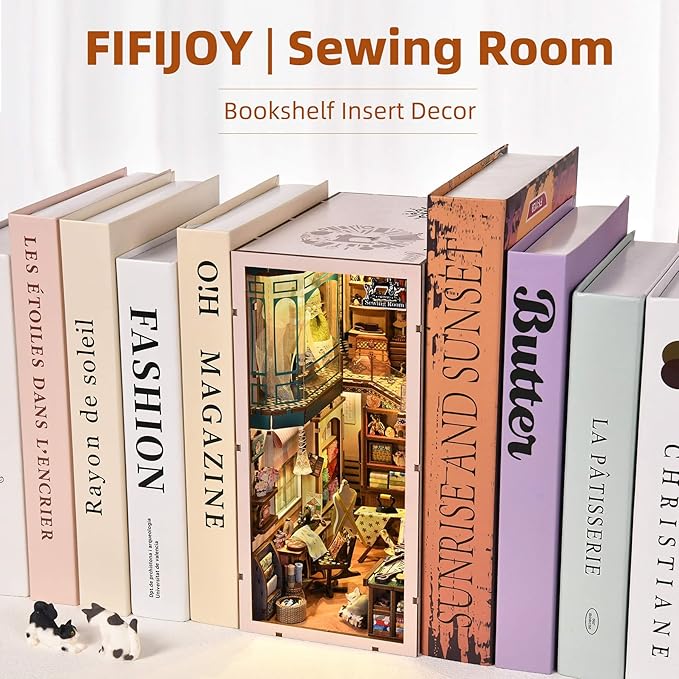 fifijoy Book Nook Kit - DIY Miniature House Dollhouse Kit for Adults and Teens, Booknook Tiny House Bookshelf Decor 3D Wooden Puzzle, Gifts for Family Friends (Sewing Room)