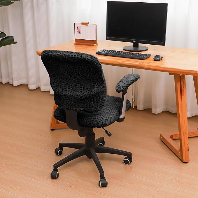 4 Pieces Split Office Chair Cover Large for Desk Chair Back and Seat with Armrest Covers Jacquard Stretch Black Office Chair Slipcovers Set Washable