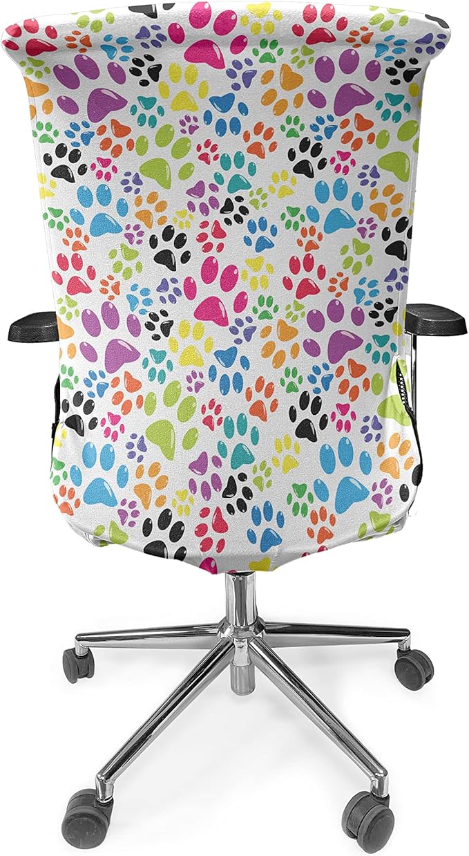 Ambesonne Dog Office Chair Cover, Colorful Little Paws Steps Art Cartoon Unusual Traces Design, Stretchable Decorative Universal Size High Back Printed Slipcover, Purple Blue