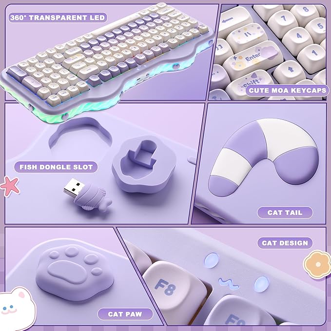 YUNZII C98 Wireless Mechanical Keyboard with Number Pad,99 Key BT5.0/2.4G/USB-C Hot Swap Gasket Mount with PBT MOA Keycaps,Custom RGB,Cute Cake Keyboard for Win/Mac (Purple, Milk V2 Linear Switch)