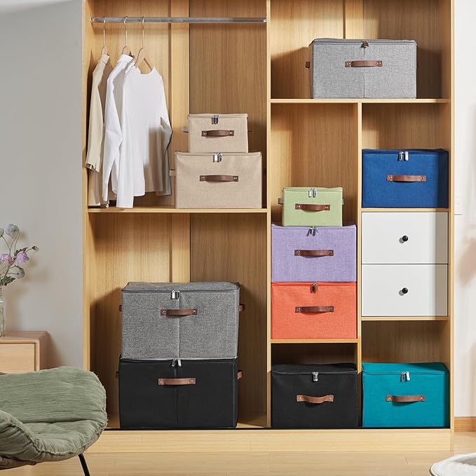 2 Pack Storage Bins with Zipper Lid Cotton Linen Fabric Lidded Storage Baskets Boxes Foldable Washable Closet Shelf Clothes Organizer Container with PU Leather Handles (Orange, Large)