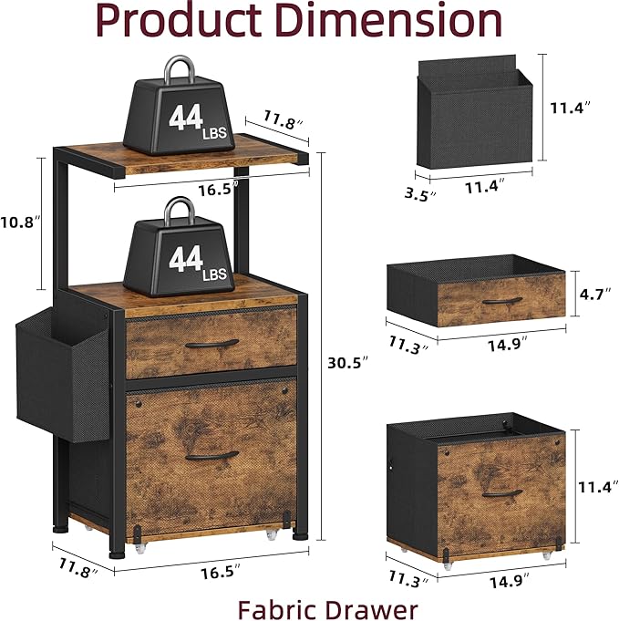 HIGDBFE Filing Cabinet with 2-Tier Printer Shelves, 2 Fabric Drawers File Cabinet with Side Bag&File Drawer for A4/Letter Size, Printer Stand with Storage for Home Office, Rustic Brown, 16.5" W