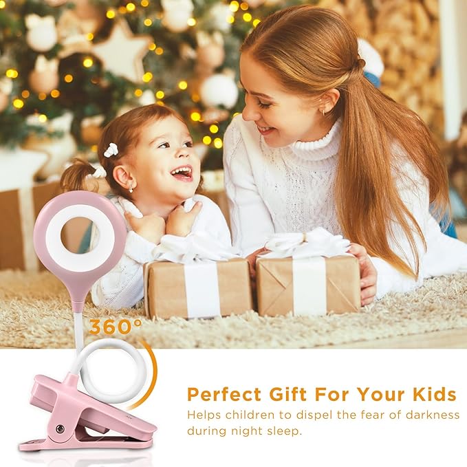Akynite Desk Lamp LED Clip on Light, 5 Modes 5 Brightness Dimmable Clamp Light, Rechargeable Battery Flexible Clip on Reading Lamp for Bed Headboard Bunk Bed at Night for Kids (Pink)