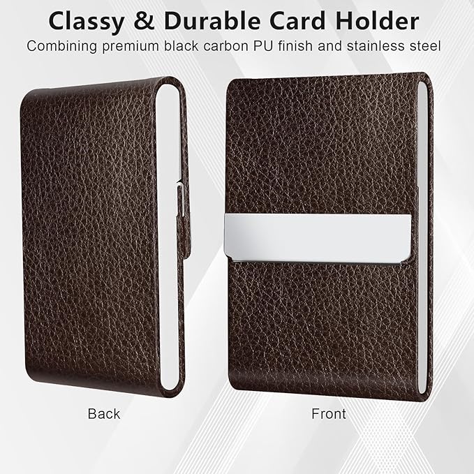 Business Card Holder with Magnetic Closure, Slim Metal PU Business Card Case for Men Women, 3.7 x 2.3 inches RFID Blocking Credit Cards Holder for Pocket or Bag Storage, Coffee