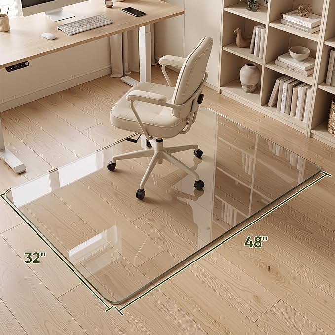 Tempered Glass Chair Mat for Hardwood Floor, 32" x 48" Heavy Duty Glass Office Chair Mat, for Low Pile Carpet, 0.2" Thick with 4 Non-Slip Pads, Smooth Rolling for Home & Office