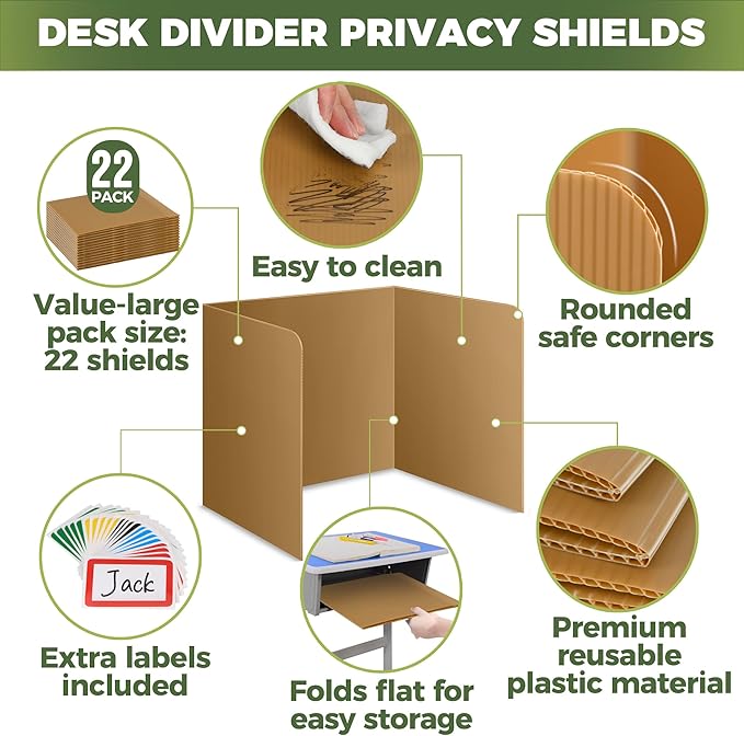 22-Pack Desk Dividers for Students - Durable & Waterproof Plastic Study Carrel Divider, Classroom Folders Teacher Supplies, Easy Clean Plastic Privacy Shield Folder Boards for Student Desks, Brown