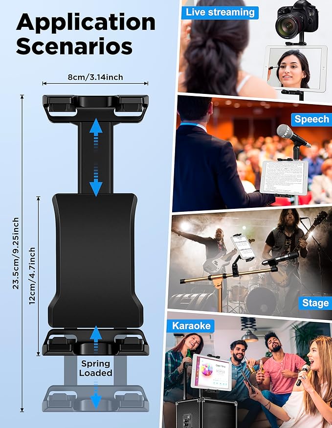 Tablet Holder for Mic Stand with Power Bank Clip - Adjustable iPad/iPhone Mount for Music Stand, Compatible with Screen Devices from 4.7-13.5" Smartphones, Android - Outdoor Streaming & Recording