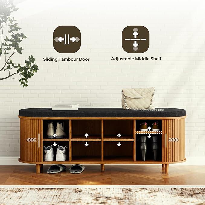 DHH 2-Tier Storage Bench,Wide Shoe Bench with Thickened Padded Seat Cushion, Mid Century Modern Fluted Sliding Door and Adjustable Shelf, for Entryway, Living Room, Bedroom (Yellow Walnut, 51.2”)