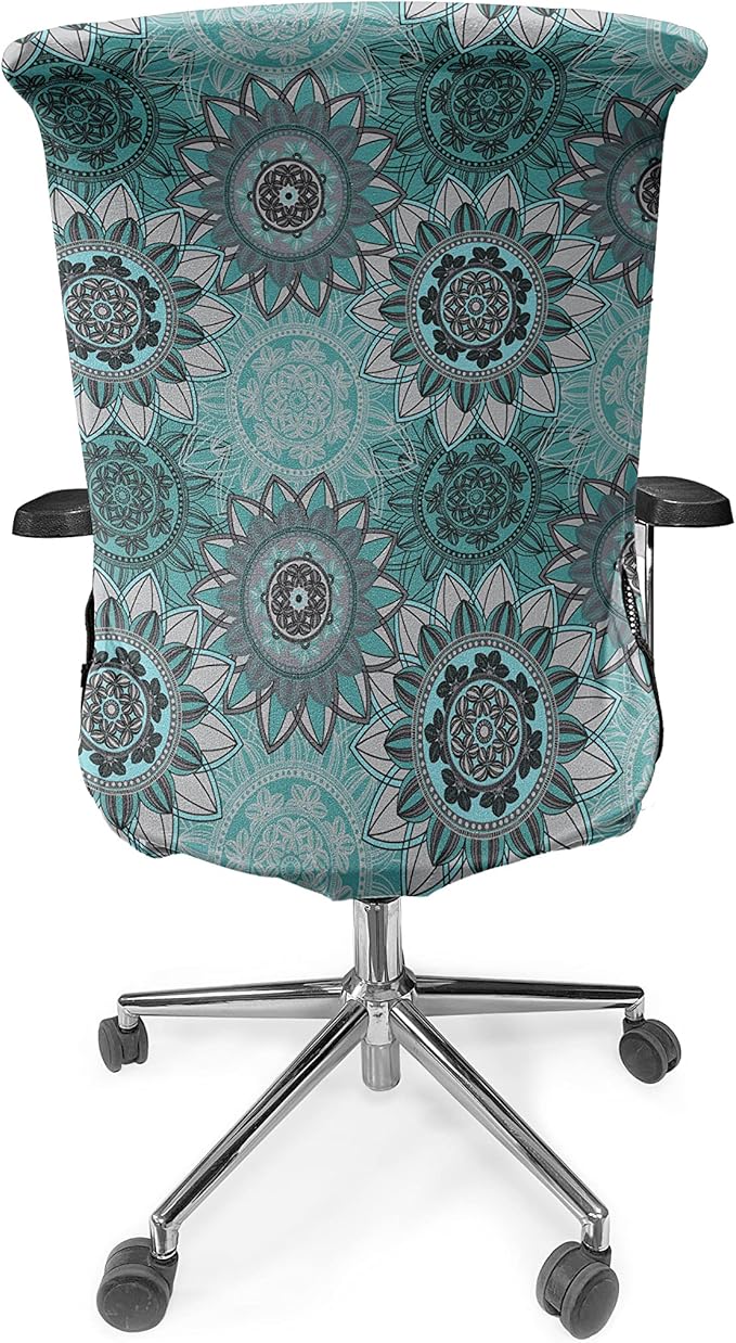 Ambesonne Mandala Office Chair Cover, Hippie Oriental Abstract Motifs Traditional Round Spring Inspired Design, Stretchable Decorative Universal Size High Back Printed Slipcover, Turquoise Black