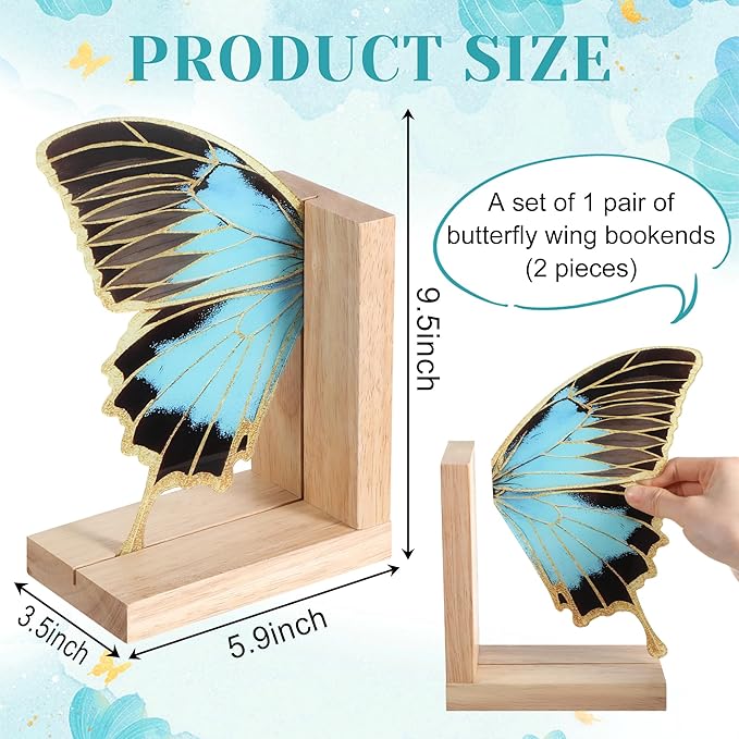 Decorative Butterfly Bookends Wooden Acrylic Butterflys Bookend Modern Bookshelf Decor Accent Book Stopper Decor for Home Farmhouse Shelves Office Lover Gift(Blue Butterfly)