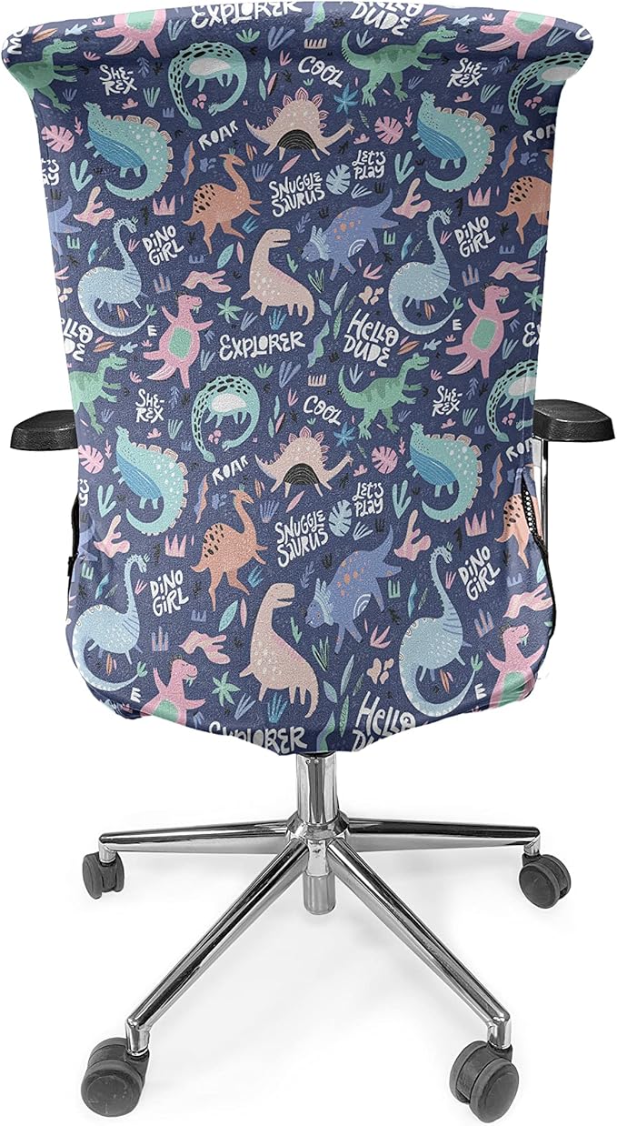 Ambesonne Dinosaur Office Chair Cover, Cartoonish Abstract Extinct Animals She-rex Dino Girl, Stretchable Decorative Universal Size High Back Printed Slipcover, Dark Indigo Soft Blue Blush