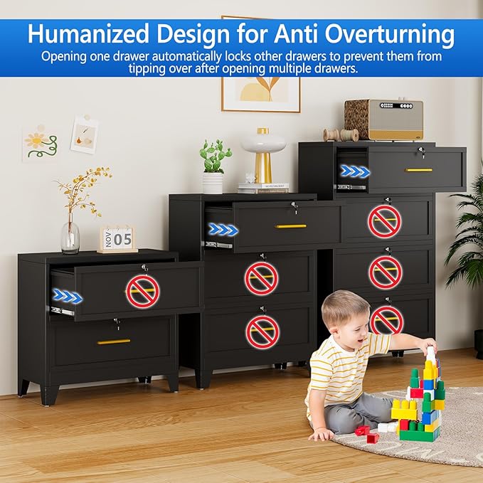 Metal Lateral File Cabinet with Lock,4 Drawer Steel Wide Filing Organization Storage Cabinets,Office Filing Cabinet for Legal/Letter/A4/F4 Size with Hanging Files&Key,Lockable Cabinets for Home Office