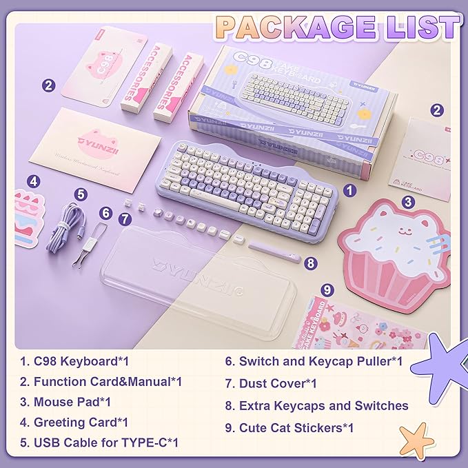 YUNZII C98 Wireless Mechanical Keyboard with Number Pad,99 Key BT5.0/2.4G/USB-C Hot Swap Gasket Mount with PBT MOA Keycaps,Custom RGB,Cute Cake Keyboard for Win/Mac (Purple, Milk V2 Linear Switch)