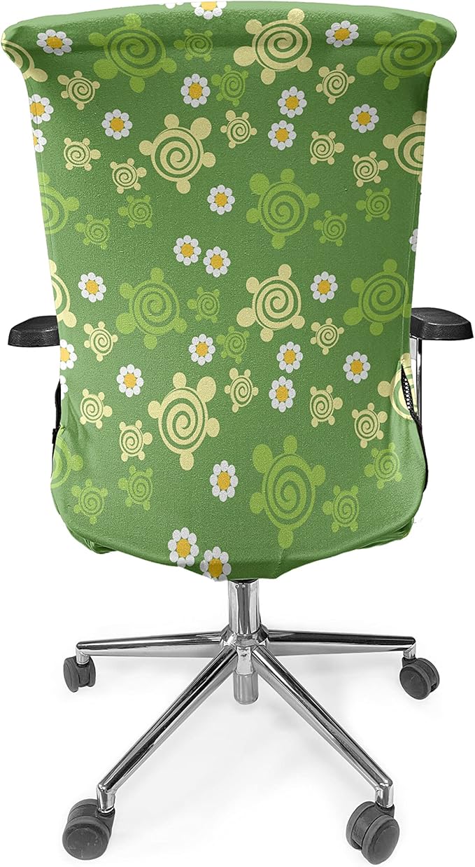 Ambesonne Turtle Office Chair Cover, Spring Revival Inspiration Chamomile Illustration and Vortex Flower Design, Stretchable Decorative Universal Size High Back Printed Slipcover, Yellow Green