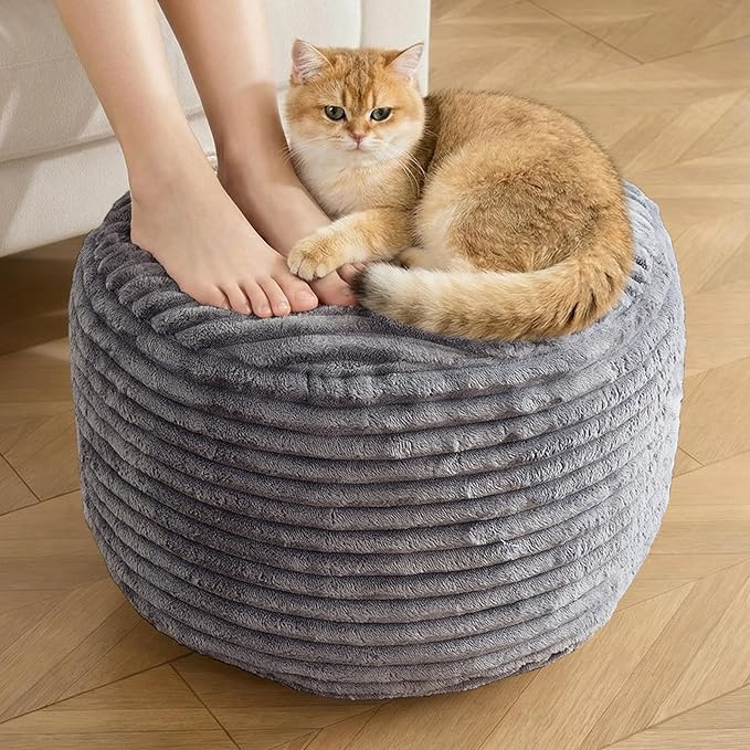 Round Pouf Ottoman,Corduroy Poufs with Memory Foam Filling for Foot Rest,Soft Footstool for Living Room,20"x 15",Dark Grey