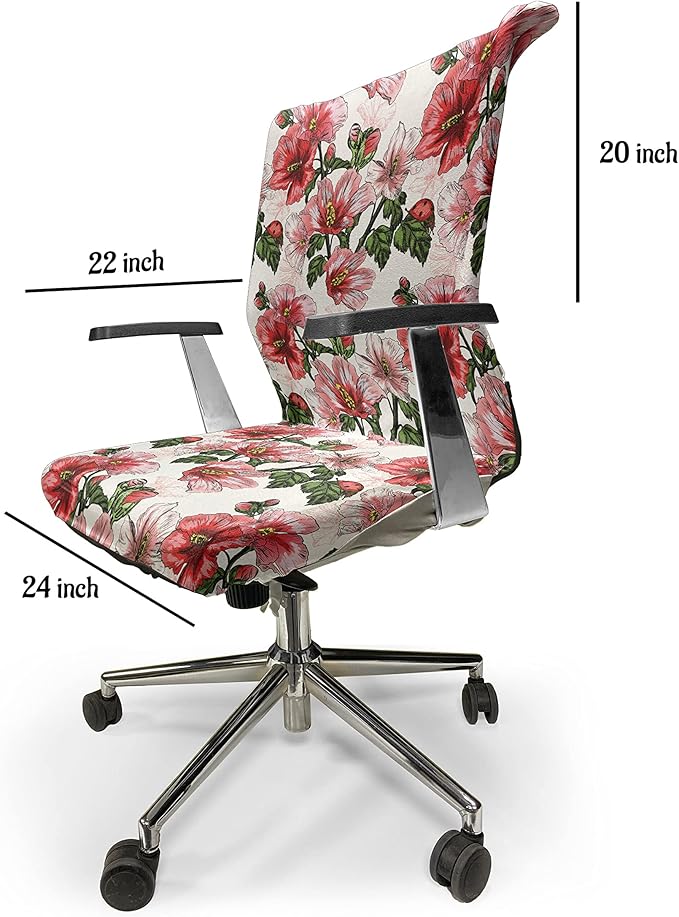 Ambesonne Ladybugs Office Chair Cover, Exotic Flowers Hibiscus Hawaiian Foliage Illustration Botany Spring Blossom, Stretchable Decorative Universal Size High Back Printed Slipcover, Coral Green