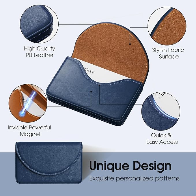 MaxGear Business Card Holder Case, PU Leather Business Card Case for Purse, Pocket Travel Name Card Holder Wallet for Men or Women Gift, Portable Magnetic Business Card Carrier, Slim & Stylish, Navy