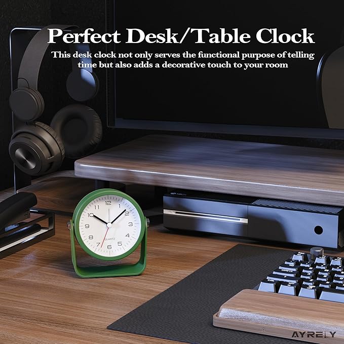 AYRELY® 3.5 Inch Small Analog Alarm Clocks,Battery Operated Desk Clock,Cute Table Clock with Light，Adjustable Angle for Travel,Bedside,Bedroom,Kids,Living Room Decor (Dark Green)