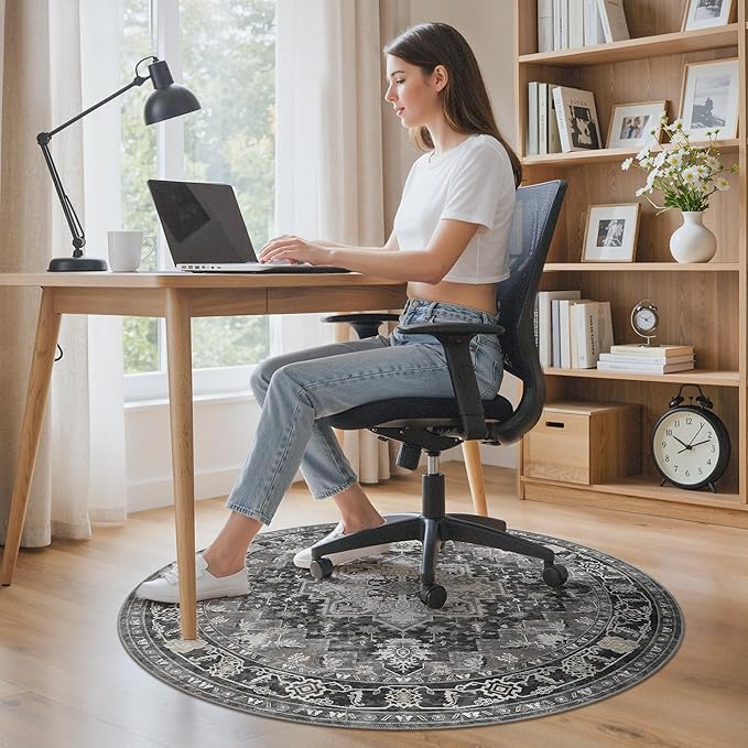 60"x60" Office Chair Mat for Hardwood Tile Floor, Under Desk Carpet Protector for Rolling Computer Chair Mat, Machine Washable Round Area Rug, Anti-Slip 1/5" Thick Low Pile Thin Floor Mat, Black