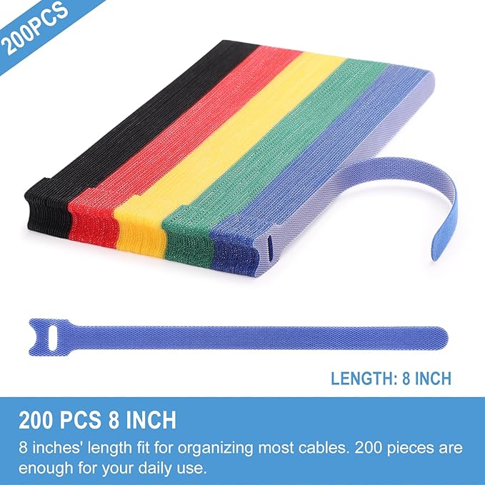 200 PCS 8 Inches Reusable Cable Ties | Adjustable Cord Wraps, Cable Straps | Hook & Loop Cord Organizer, Cable Management | 5 Colors