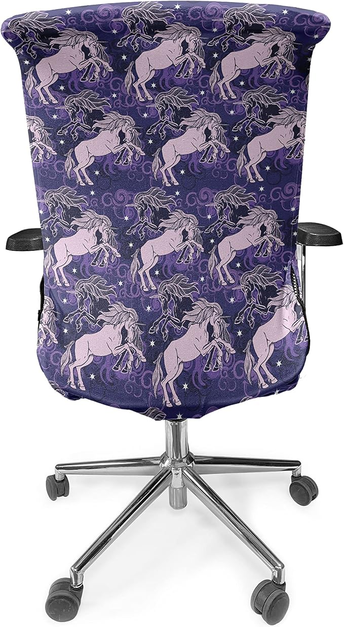 Ambesonne Unicorn Office Chair Cover, Dreamy Star Mystic Creature Galloping Among Night Clouds Cosmos Theme, Stretchable Decorative Universal Size High Back Printed Slipcover, Lilac Indigo